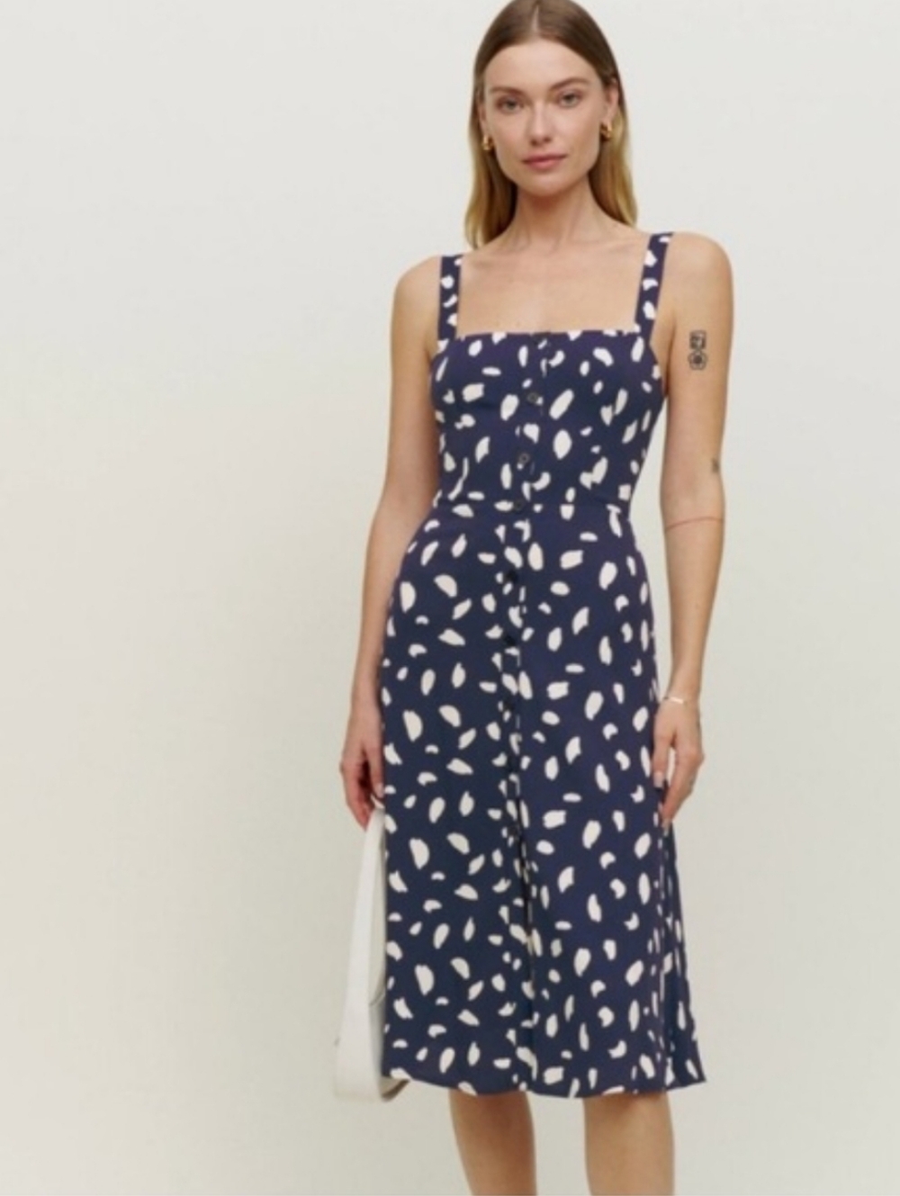 Navy Printed Strap Midi Dress Fit and Flare Lightweight